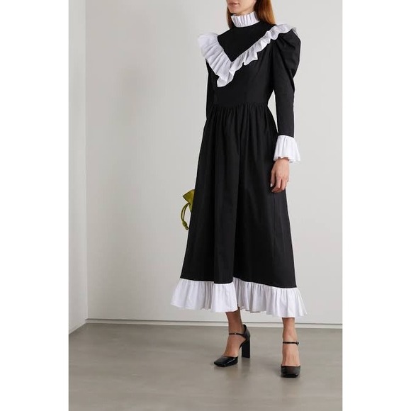 NWT Batsheva Black White Ruffle Cotton Midi Dress Size 2 - Picture 7 of 7